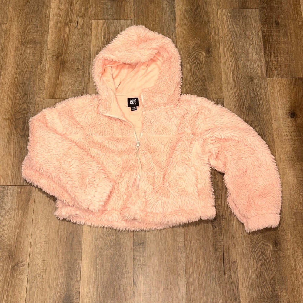 BDG Urban Outfitters Peach Pink Teddy Faux Fur Hooded Zip Up Jacket Small